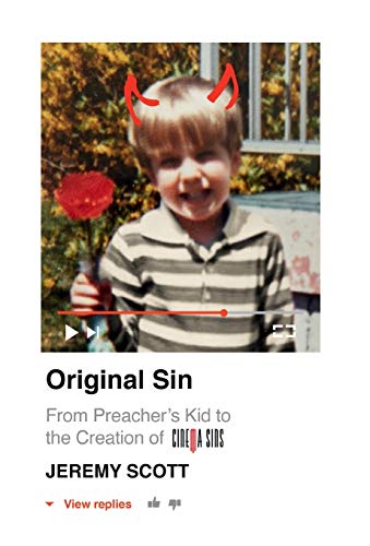 Childhood photo with devil horns, book cover for "Original Sin" by Jeremy Scott.