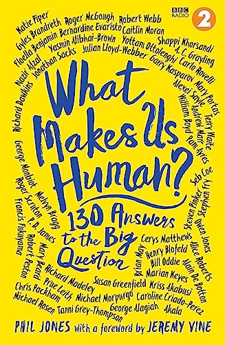 Yellow book cover with blue text: "What Makes Us Human?" and many names.