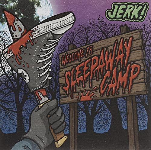 Album cover: bloody knife-shoe, camp sign, spooky trees, purple sky.