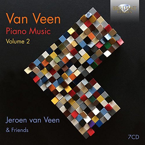 "CD cover with multicolored piano keys pattern on black background, text 'Van Veen Piano Music'."