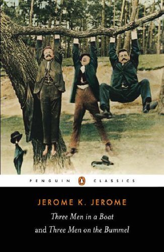 "Book cover with three men hanging from a tree branch, vintage illustration."