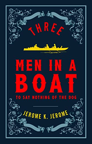 Book cover for Three Men in a Boat with yellow boat illustration on dark background.