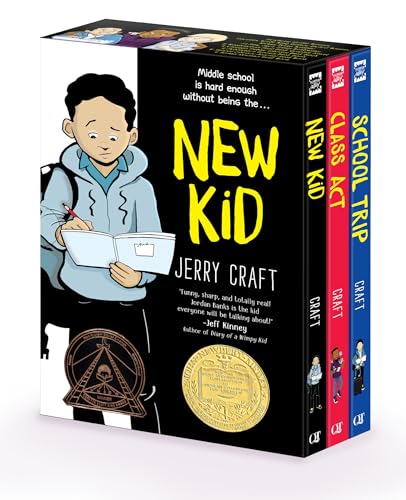 Three graphic novel books, “New Kid” series, featuring a boy with a backpack.