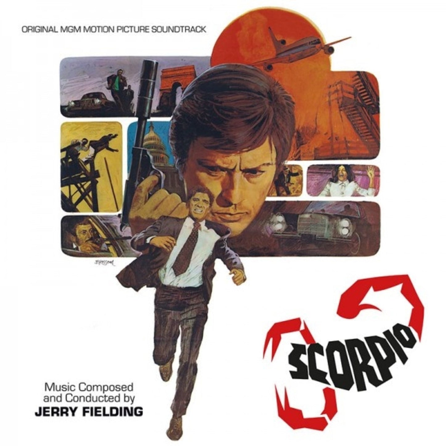 CD cover for "Scorpio" soundtrack with illustrated scenes of action and suspense.