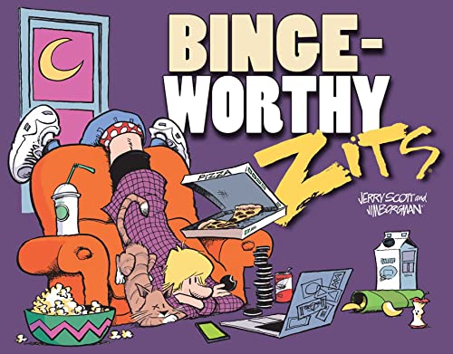 Cartoon illustration of a teenager relaxing amidst snacks and screens.