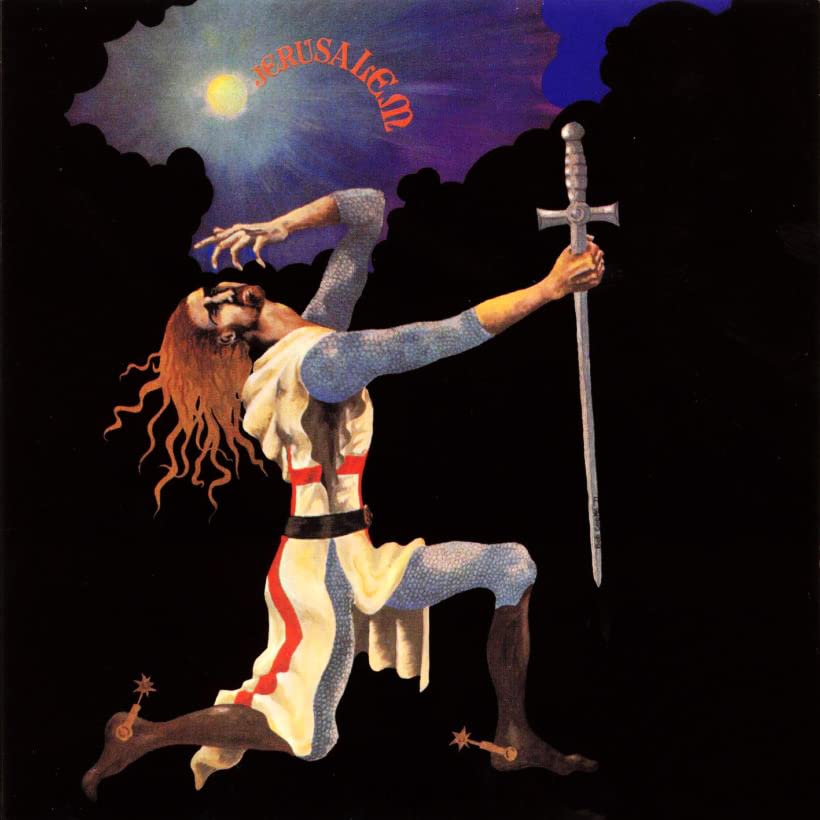 CD cover art: kneeling knight raising a sword towards a stormy sky.