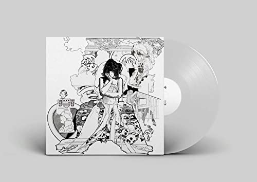 Vinyl record with black and white illustrated album cover, woman featured.