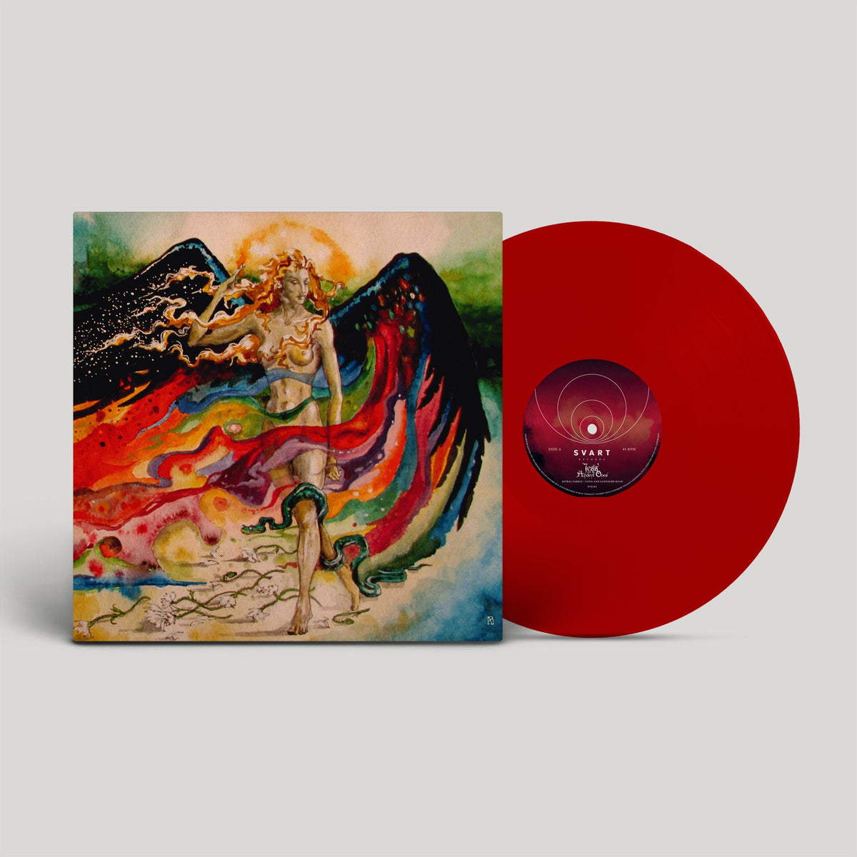 Vinyl record and album cover featuring a painted figure with wings.
