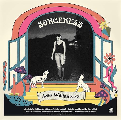 Jess Williamson Sorceress album cover featuring a woman and two wolves in a doorway.