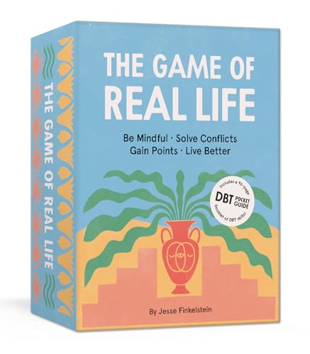 Blue box for "The Game of Real Life" with plant and vase illustration.