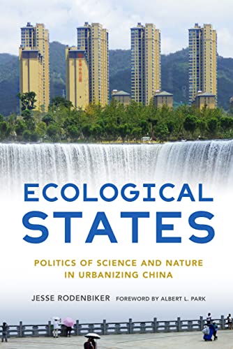Book cover with waterfall, city skyline, and title “Ecological States.”