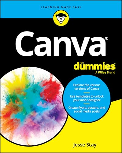 Canva For Dummies book cover featuring a colorful powder explosion and descriptive text.