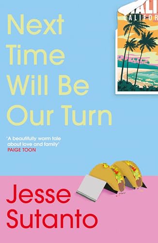 Book cover with light blue background, title, author name, California postcard, and two tacos.