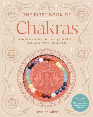 Book cover featuring chakra symbols, a gemstone bracelet, and a meditating figure.