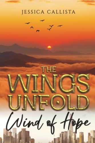 Book cover with golden title, birds in a sunset sky, and city below.