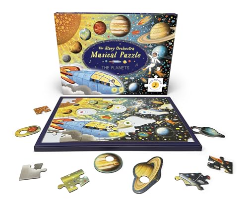 Planets and spaceships illustrated on a musical puzzle box and pieces.