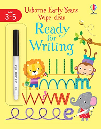 Wipe-clean writing practice book with animals and a black pen shown.