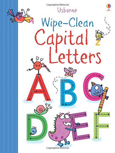 Colorful children's wipe-clean book cover featuring illustrated capital letters.