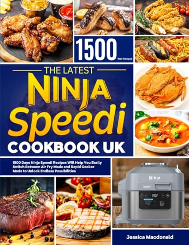 Cookbook cover featuring cooked food, a Ninja Speedi cooker, and text.