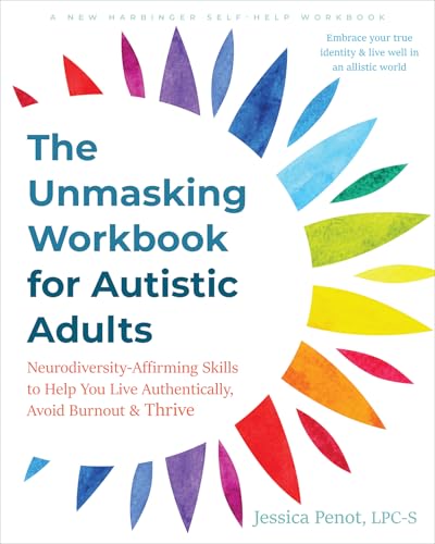 Book cover: "The Unmasking Workbook for Autistic Adults" with colorful floral design.