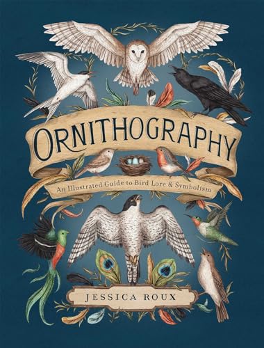 Book cover with illustrations of various birds, a nest, and feathers on blue background.