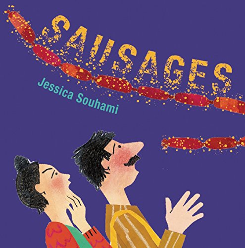 Book cover with illustrated sausages, people looking upwards, purple background.
