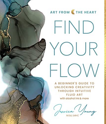Book cover with abstract blue and gold fluid art, title "Find Your Flow".