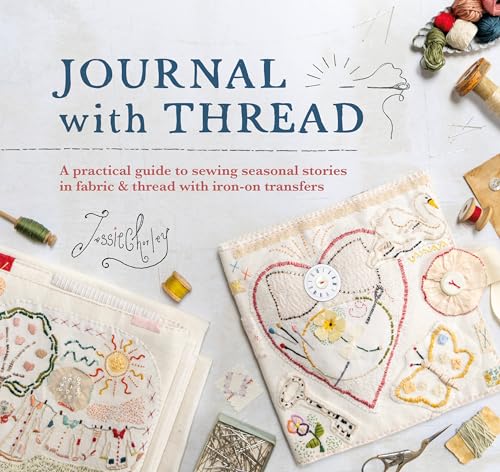 Book cover titled Journal with Thread featuring embroidered fabric pages, sewing supplies, and needles.