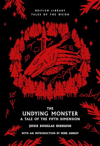 Red illustration of a monster within a circular forest design on a black cover.