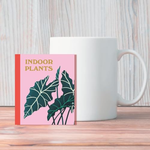 A small book titled Indoor Plants next to a plain white mug on wood.