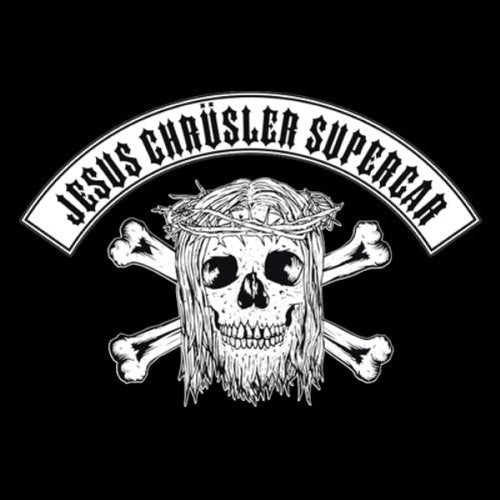 Skull with crown of thorns and crossed bones, black and white graphic.