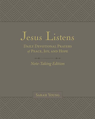 Gray devotional book cover with gold text: "Jesus Listens" by Sarah Young.