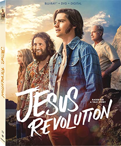 Jesus Revolution" Blu-ray cover featuring a group of people in 1970s attire.