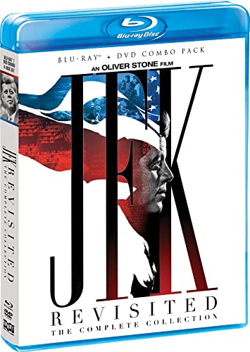 Blu-ray case for "JFK Revisited," featuring portraits and American flags.