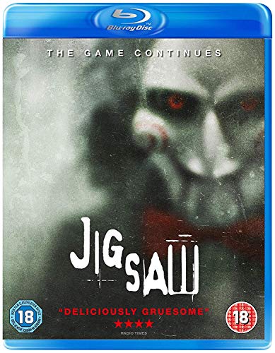 Blu-ray cover for horror film *Jigsaw*, featuring a distorted face with a red eye.
