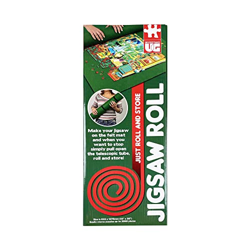 Green felt roll-up mat for jigsaw puzzles, with storage tube shown.