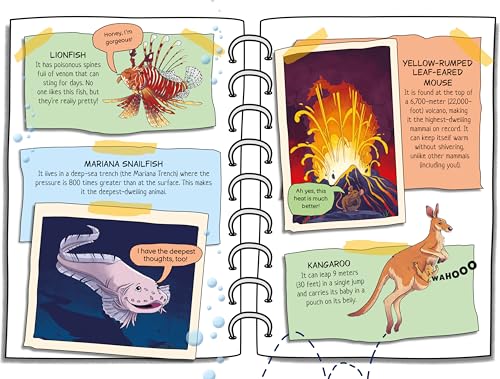 Open book page displaying illustrated animals: lionfish, snailfish, mouse, kangaroo.