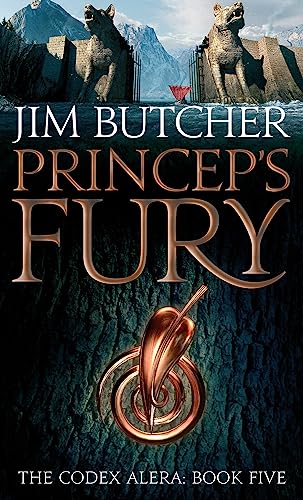 Book cover: “Princeps’ Fury” with stone guardians and a fiery symbol.