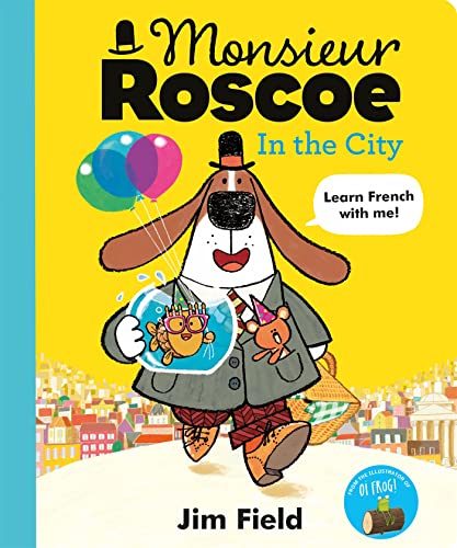 Dog in a suit with balloons and a fishbowl, city background.