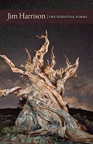 Book cover: "Jim Harrison: The Essential Poems" with a tree silhouette.
