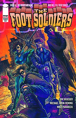 Comic book cover featuring four figures in a dystopian cityscape.