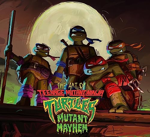 Four Teenage Mutant Ninja Turtles stand before a large moon on this book cover.