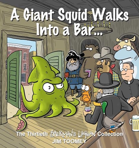 Cartoon cover: a green squid entering a crowded bar with animal patrons.