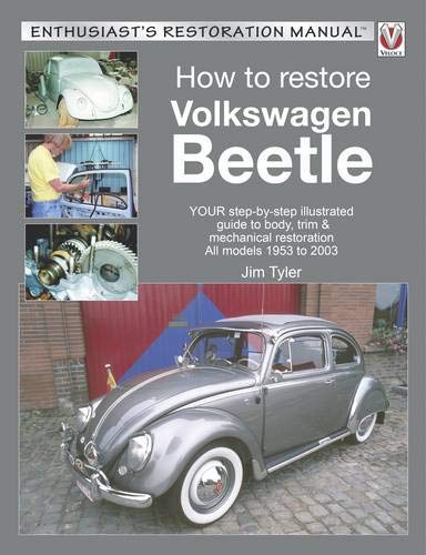 Book cover: "How to Restore Volkswagen Beetle" with silver Beetle image.