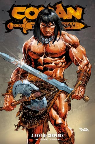 Muscular Conan the Barbarian with sword and axe, comic book cover.