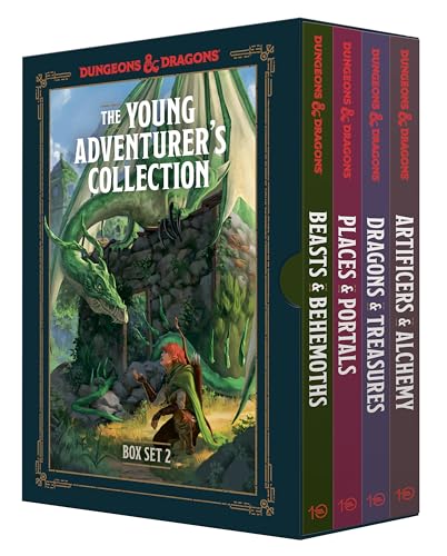 A Dungeons & Dragons four-book boxed set featuring a green dragon and an adventurer.