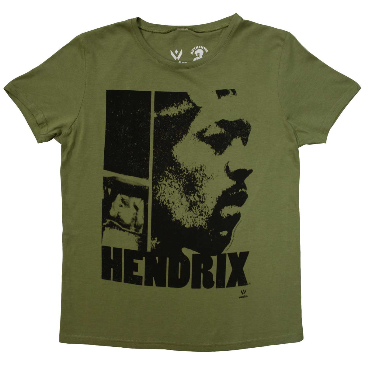 Woman wearing a green t-shirt with a black and white Jimi Hendrix graphic.