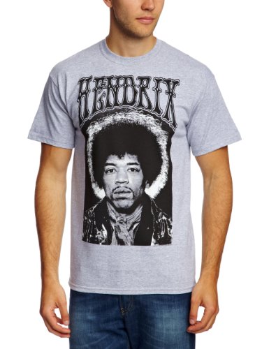 A man wearing a grey t-shirt featuring a black and white Jimi Hendrix portrait.