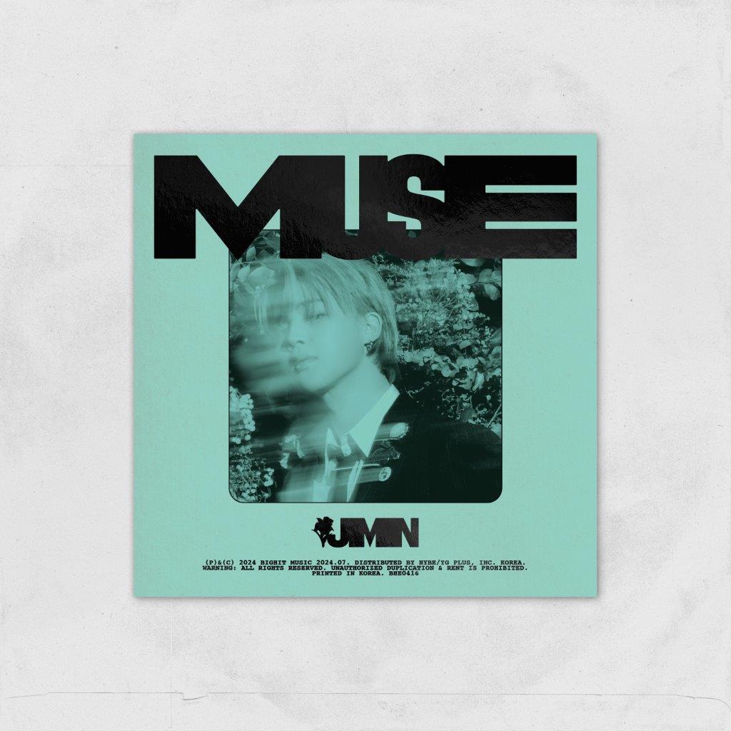 Album cover for Jimin’s “MUSE” featuring black text on a textured beige background.