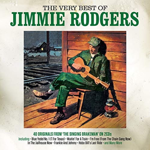 Album cover showing Jimmie Rodgers playing guitar on a porch near railroad tracks.